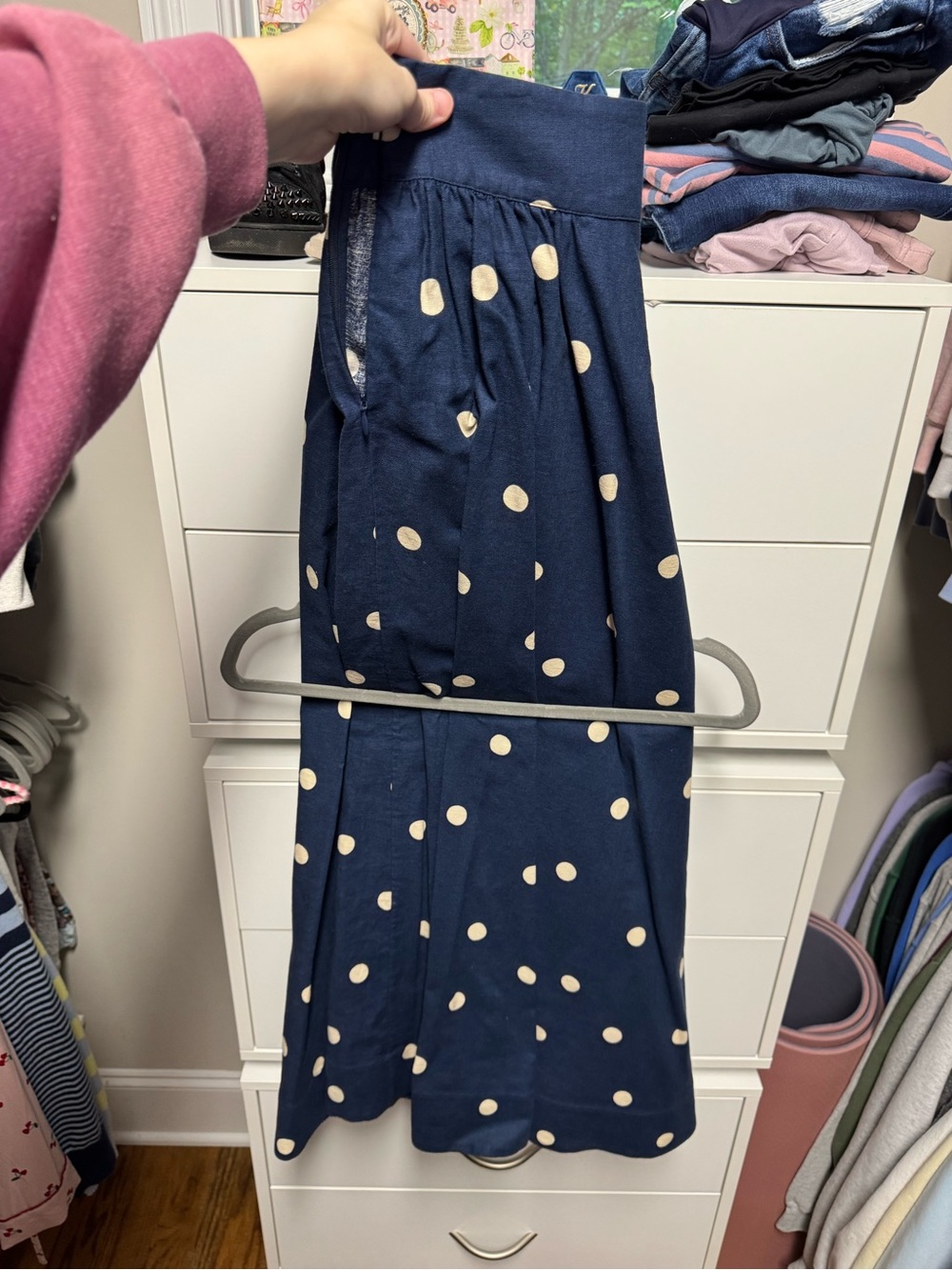 Sézane Navy Midi Skirt with Cream Polka Dots